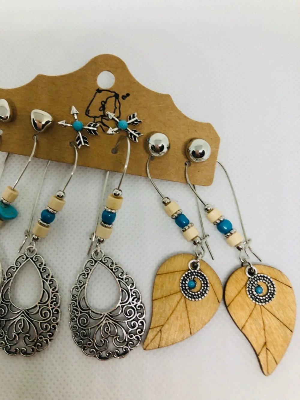 Boho Turquoise Silver and Wood Leaf Earring Set - Women Jewelry